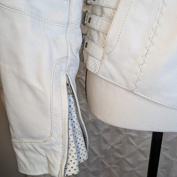 Icon Moto Leathers White Leather Motorcycle Biker Riding Jacket Buckle Side Sm - Picture 5 of 16